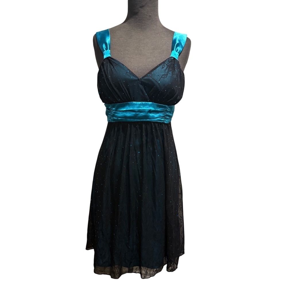 Vintage Y2K Teal Black Glitter Polka Dot Floral Mesh Overlay Cocktail Dress